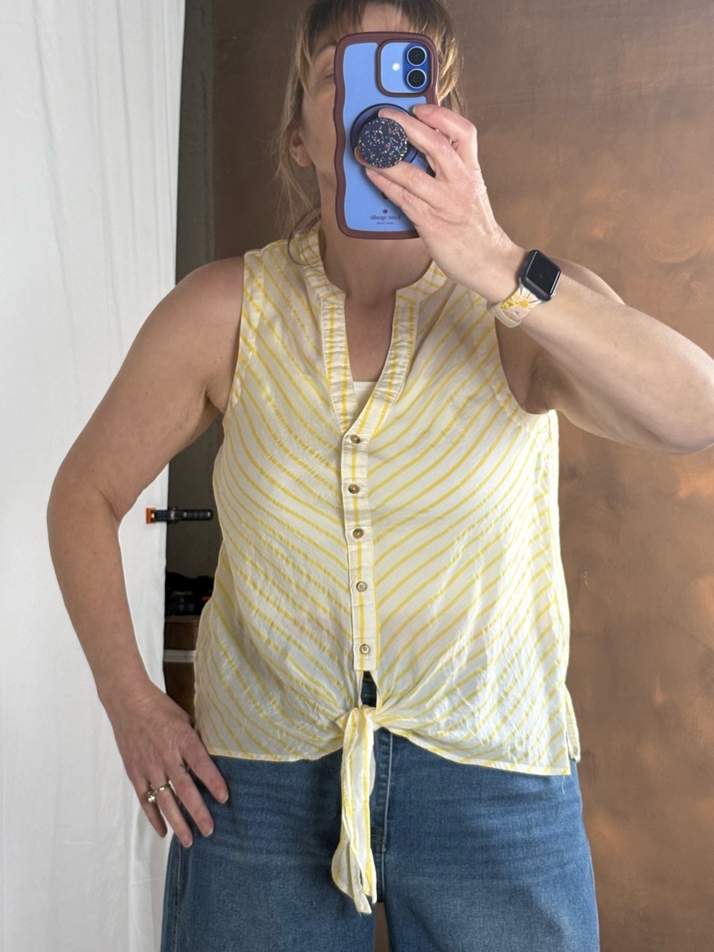 Maeve Yellow and White Striped Tie-Front Sleeveless Top